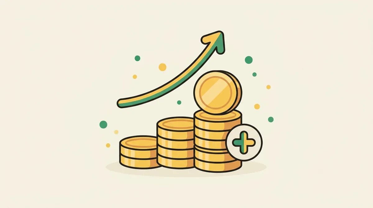 Flat illustration of a growing stack of gold coins with an employer-match plus sign and an upward arrow — representing a 401(k) built from contributions, match, and compound growth.
