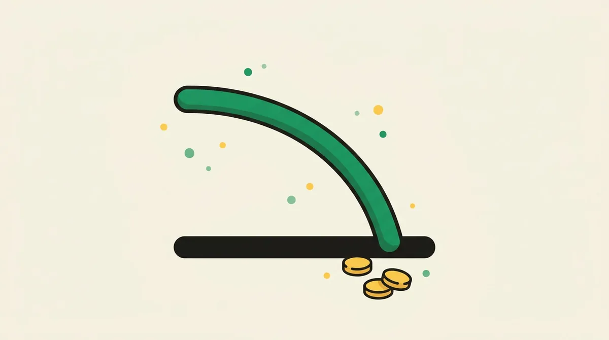 Flat illustration of a downward-curving line over a baseline with coins beneath it — representing a loan balance being paid down to zero over time.
