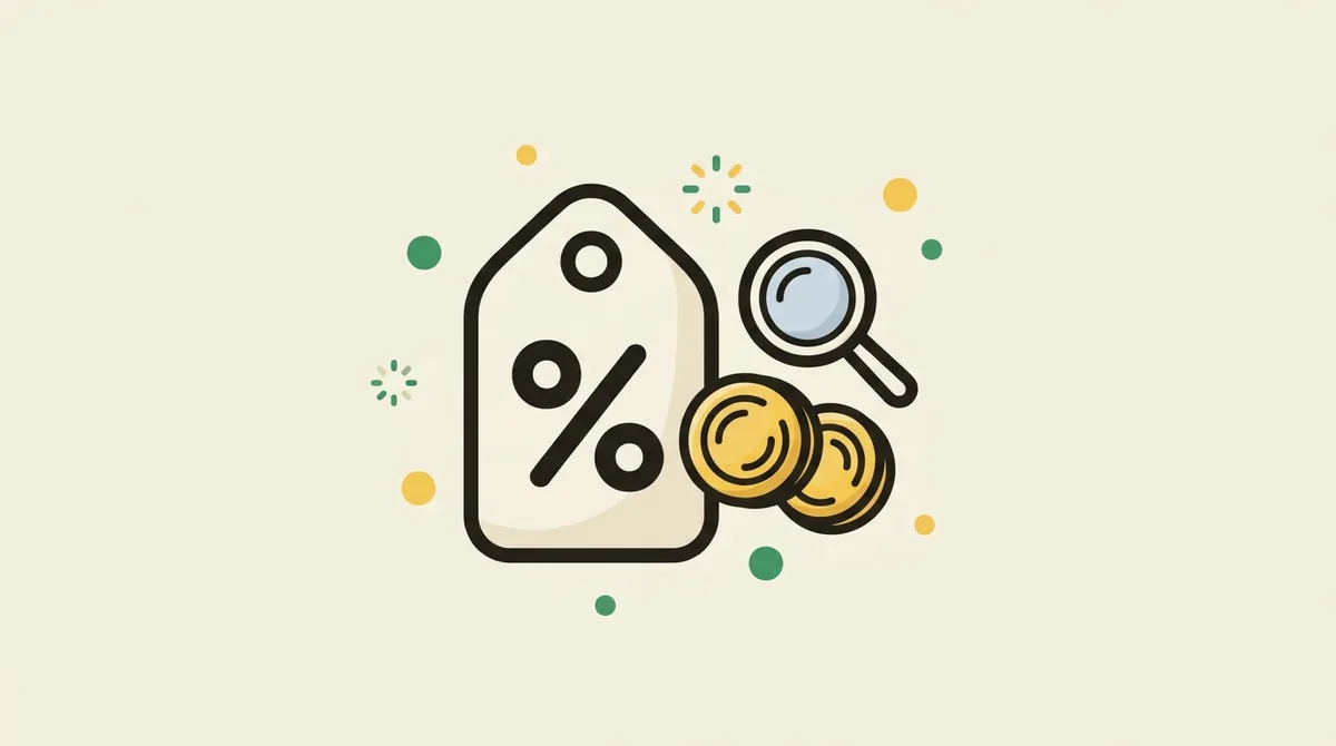 Flat illustration of a price tag with a percent symbol beside a small stack of coins and a magnifier — representing the true annual cost of a loan once fees are included.