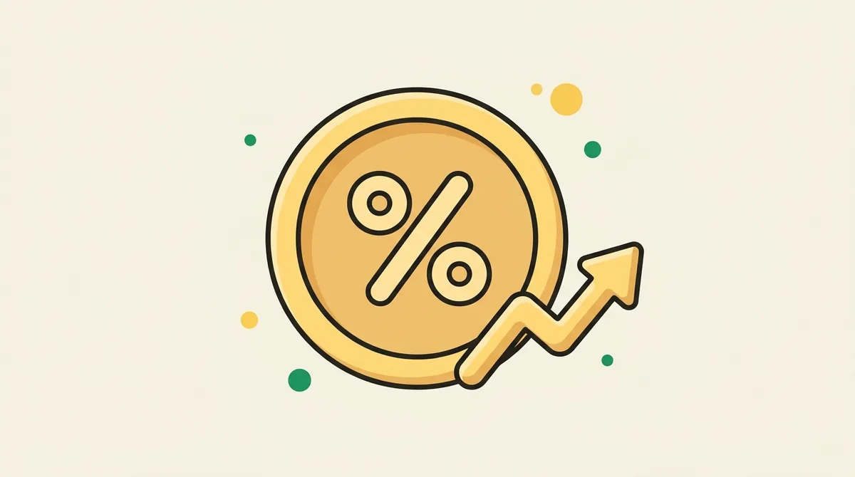 Flat illustration of a coin with a percent symbol and a small upward arrow — representing the annual percentage yield earned once compounding is included.
