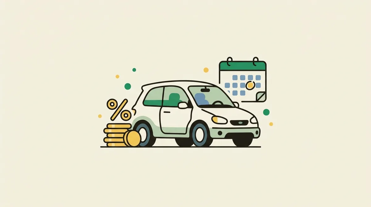 Flat illustration of a car beside a stack of coins, a percent sign, and a calendar — representing the price, interest rate, and term that shape a monthly car payment.