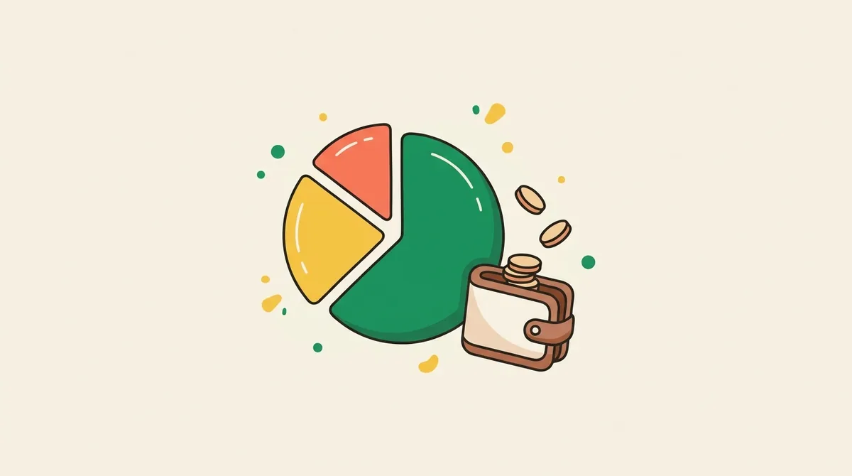 Flat illustration of a pie chart split into three slices beside a wallet and coins — representing income divided into needs, wants, and savings.
