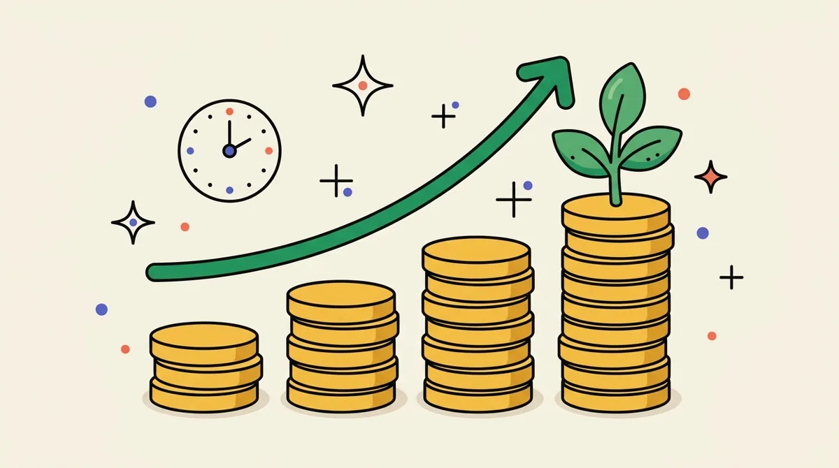 Flat illustration of coin stacks growing progressively taller with a green upward curve arcing over them and a sprouting plant — representing money compounding over time.