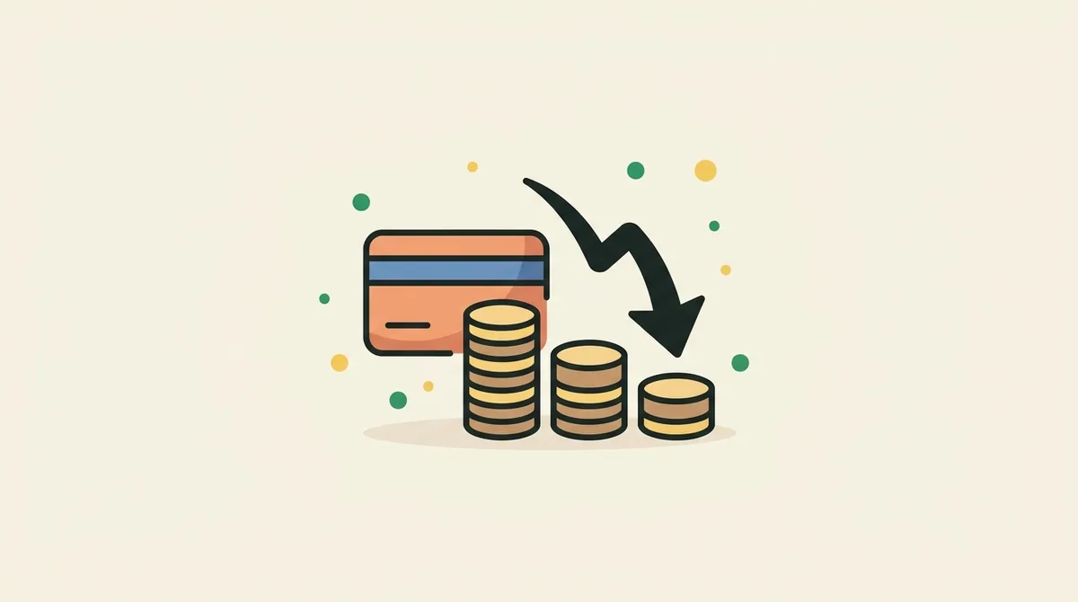 Flat illustration of a credit card with a downward-trending arrow and shrinking coin stacks — representing a balance being paid down to zero over time.
