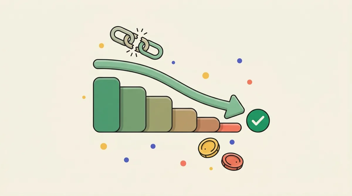 Flat illustration of shrinking bars with a green downward arrow ending at a checkmark, representing debt being paid off to zero.