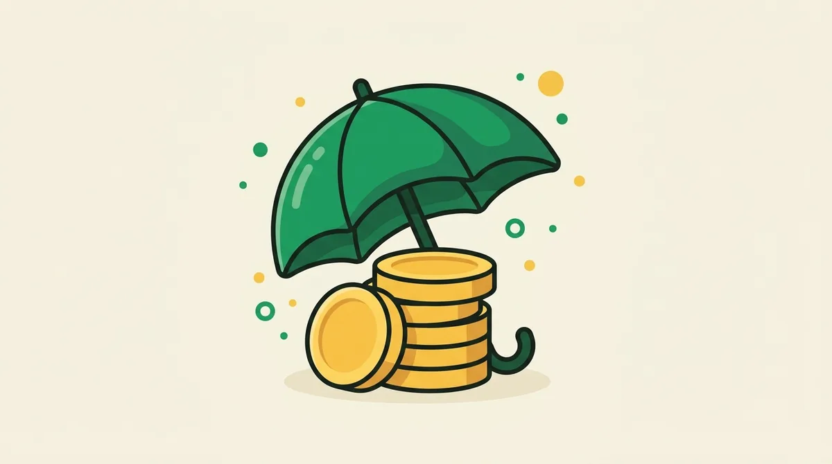 Flat illustration of an open umbrella sheltering a stack of gold coins — representing an emergency fund protecting your finances from unexpected expenses.