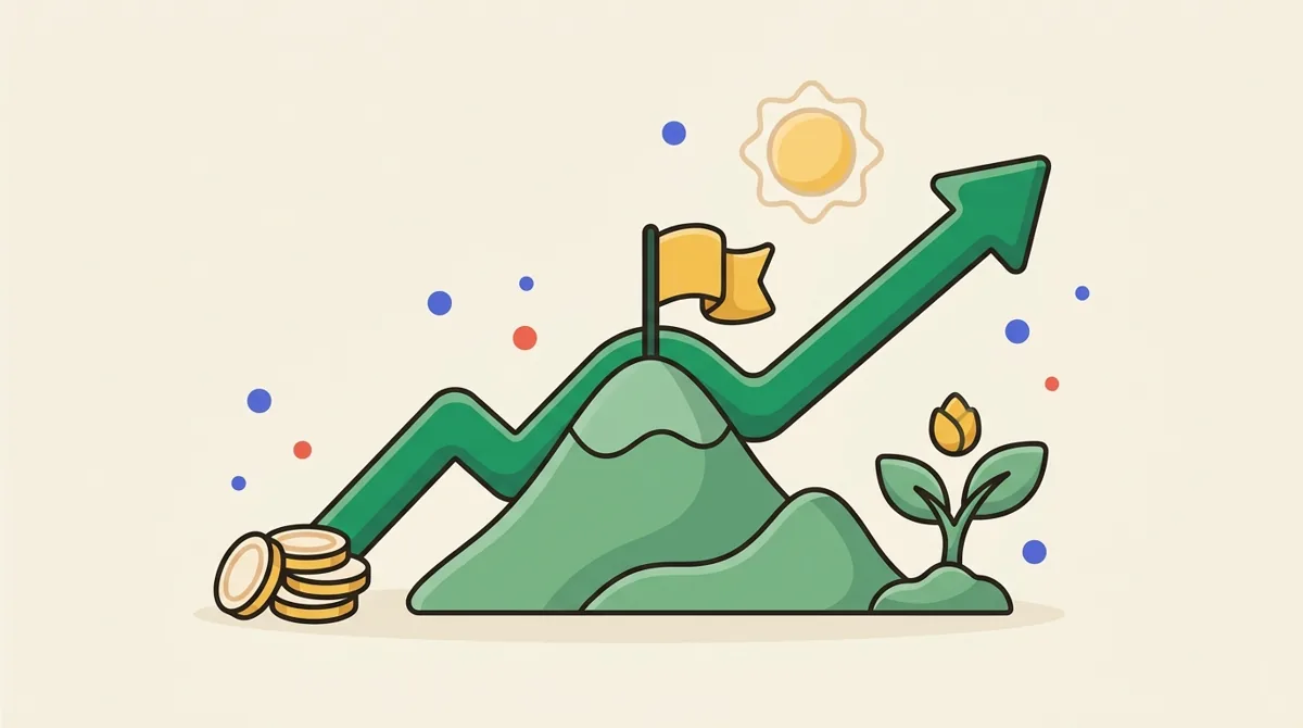 Flat illustration of a green growth arrow climbing a mountain with a yellow flag at the summit, beside coins and a sprouting plant — representing reaching financial independence.