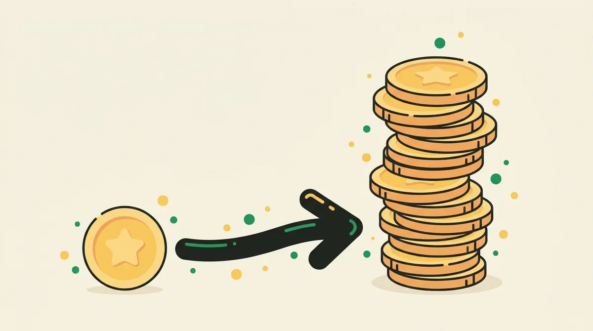 Flat illustration of a small coin growing into a taller stack with a forward-pointing arrow — representing money invested today growing into a larger future value.