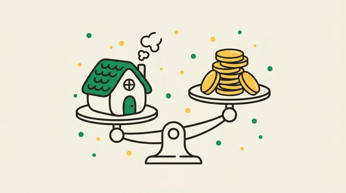 Flat illustration of a house with a green roof balanced on one side of a scale against a stack of gold coins — representing how much home your income and debts can support.