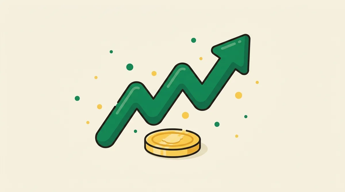 Flat illustration of an upward zig-zag arrow rising over a coin — representing an investment's return over time.