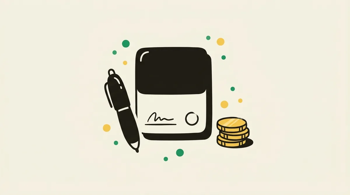 Flat illustration of a loan agreement document with a pen and a small stack of coins — representing the amount borrowed, the rate, and the term of a fixed-rate loan.