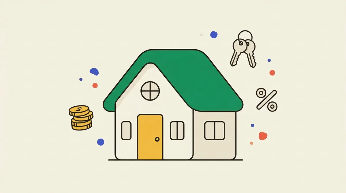 Flat illustration of a house with a green roof and yellow door, surrounded by a stack of coins, a set of keys, and a percent sign — representing the parts of a monthly mortgage payment.