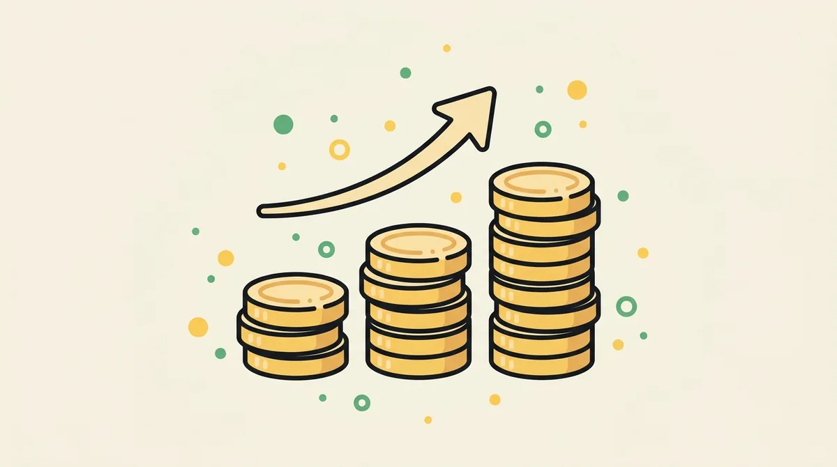 Flat illustration of three ascending stacks of gold coins with an upward arrow — representing net worth growing as assets outpace debts over time.