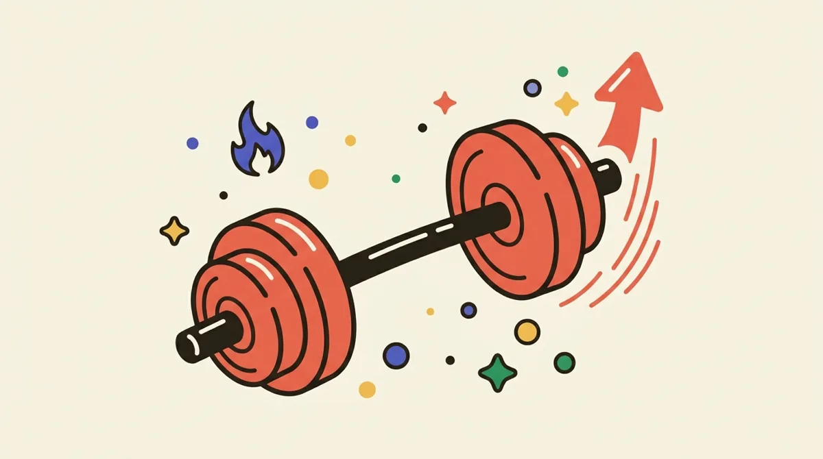Flat illustration of a loaded barbell tilted at a dynamic angle with coral weight plates and motion lines, representing a heavy one-rep-max lift.