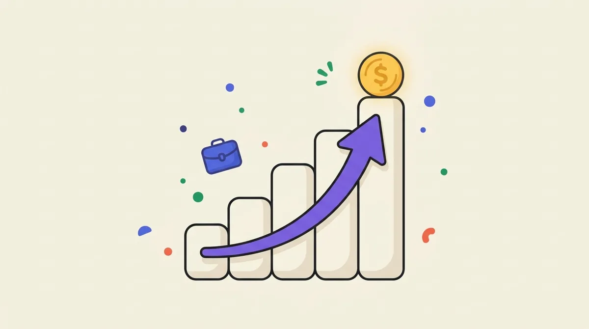 Flat illustration of ascending bar-chart steps with a violet upward arrow and a gold coin at the top step, representing a salary increase.