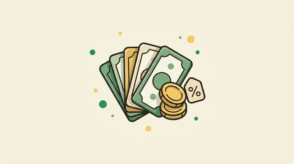 Flat illustration of a fanned stack of banknotes and coins with a small percent tag — representing the amount received and the true cost of a personal loan after fees.