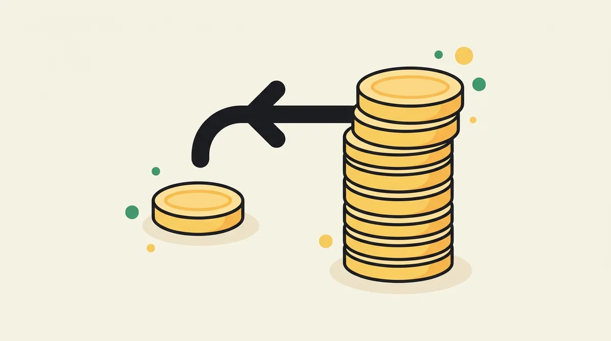 Flat illustration of a large future coin with a backward arrow pointing to a smaller coin today — representing discounting future money back to its present value.
