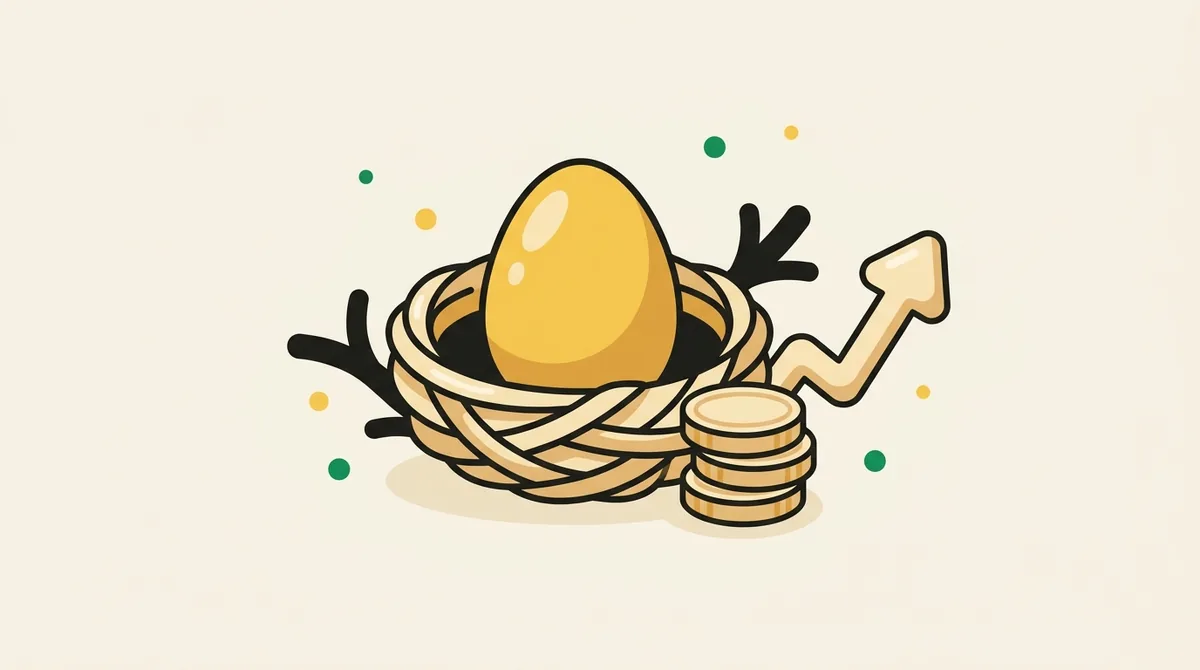 Flat illustration of a nest holding a large golden nest egg beside stacked coins and a small upward-trending arrow — representing retirement savings growing over time.