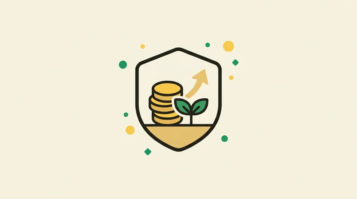 Flat illustration of a shield protecting a growing stack of gold coins with a small sprout and upward arrow — representing tax-free Roth IRA growth.