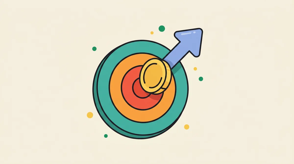 Flat illustration of a target with a gold coin landing in the center and an upward arrow — representing reaching a savings goal on schedule.