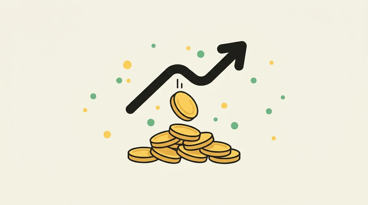 Flat illustration of a coin dropping into a growing pile with a rising arrow — representing regular deposits compounding into a larger savings balance.