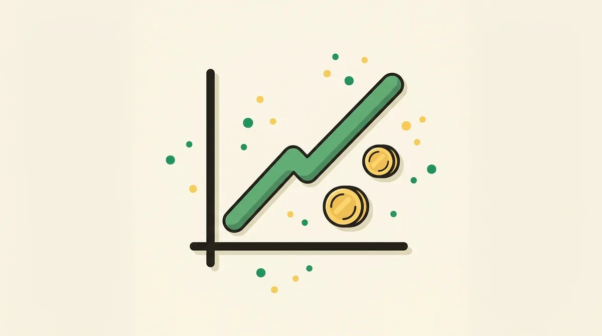 Flat illustration of a straight rising line over a baseline beside a couple of coins — representing simple interest growing in a straight line.