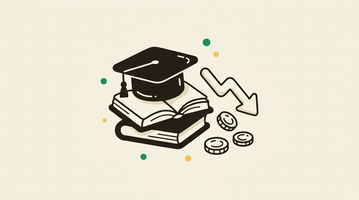 Flat illustration of a graduation cap resting on a stack of books beside coins and a downward-trending arrow — representing paying down a student loan balance over time.